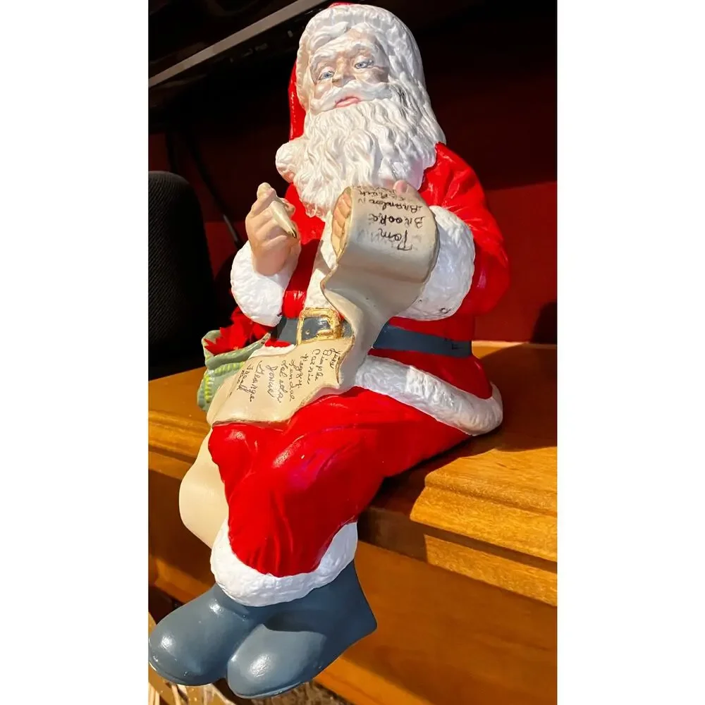 Santa Sitting Decor SANTAS LIST Mantlepiece Poinsettias Vintage‎ Statue Figure